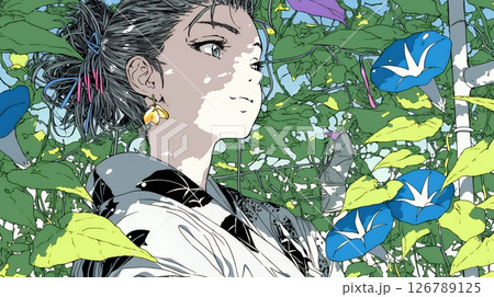 アサガオと浴衣姿の若い女性