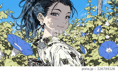 アサガオと浴衣姿の若い女性