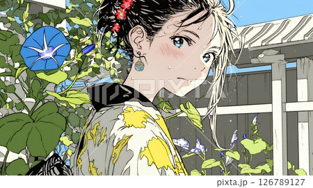 アサガオと浴衣姿の若い女性 126789127