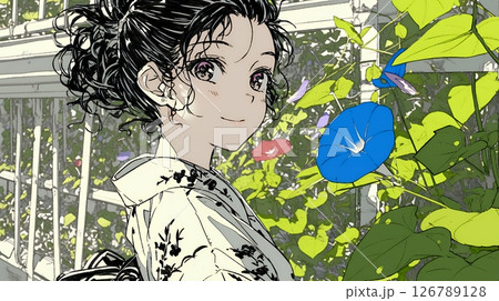 アサガオと浴衣姿の若い女性