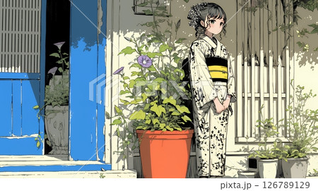 アサガオと浴衣姿の若い女性