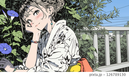 アサガオと浴衣姿の若い女性