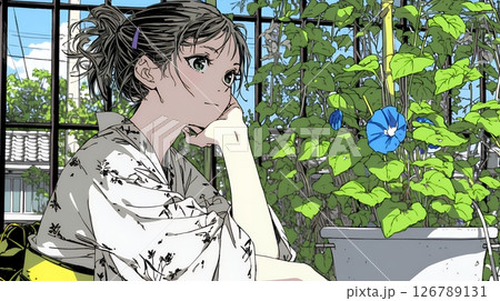 アサガオと浴衣姿の若い女性