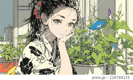 アサガオと浴衣姿の若い女性
