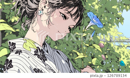 アサガオと浴衣姿の若い女性