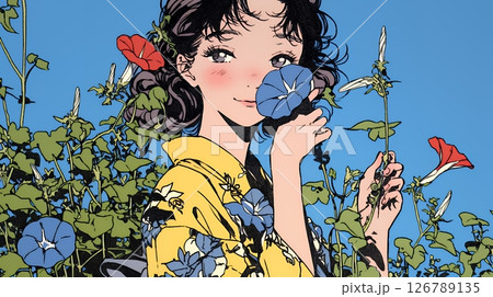 アサガオと浴衣姿の若い女性