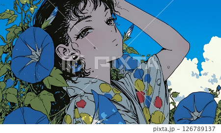 アサガオと浴衣姿の若い女性