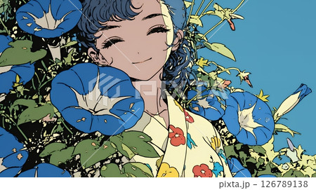 アサガオと浴衣姿の若い女性