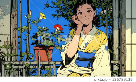 アサガオと浴衣姿の若い女性