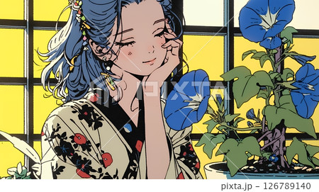 アサガオと浴衣姿の若い女性
