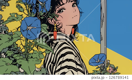 アサガオと浴衣姿の若い女性