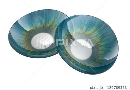 Colored Contact Lenses with green-blue iris. 3D Rendering Colored Contact Lenses with green-blue iris. 3D Rendering 126789388
