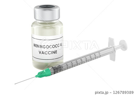 Meningococcal vaccine vial with syringe, 3D rendering 126789389