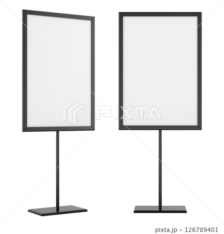 Vertical Sign Holders on Metal Stands Blank. Double Display Mockup. 3D Rendering 126789401