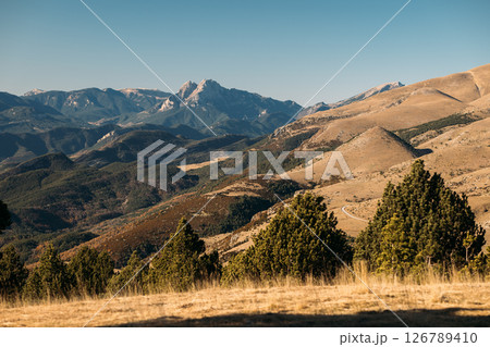 Sharp peaks of the Pyrenees rising above rolling foothills with sparse trees and winding roads Sharp peaks of the Pyrenees rising above rolling foothills with sparse trees and winding roads 126789410