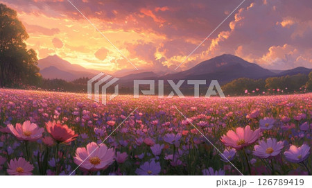 Pink And Purple Cosmos Flower Field At Sunset Pink And Purple Cosmos Flower Field At Sunset 126789419