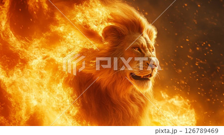 Fiery Lion In Intense Flames Against Dark Background 126789469