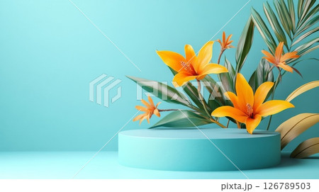 Orange Flowers and Green Leaves on Teal Podium 126789503