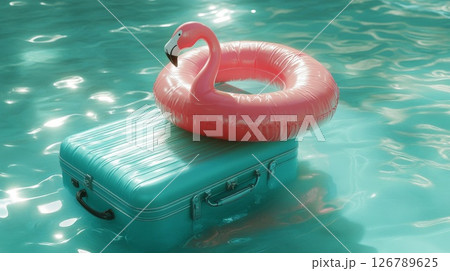 Pink Flamingo Float and Teal Suitcase in a Pool 126789625