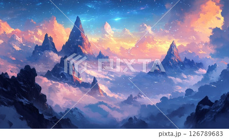 Pink And Blue Fantasy Mountain Landscape With Stars 126789683