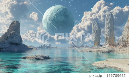 Futuristic Alien Landscape with Teal Water and White Geometric Structures 126789685