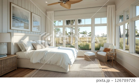 Bright White Coastal Bedroom with Ocean View Bright White Coastal Bedroom with Ocean View 126789726