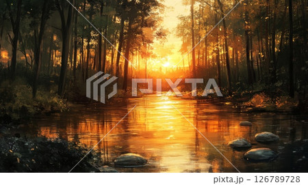 Golden Sunset over Calm Forest River 126789728
