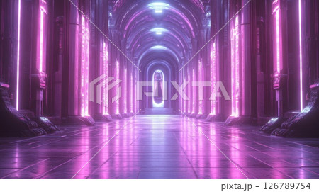 Glowing Purple Neon Corridor with Reflective Floor 126789754