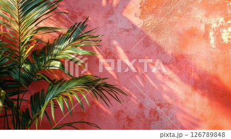 Palm Leaves and Shadows on a Red Textured Wall 126789848