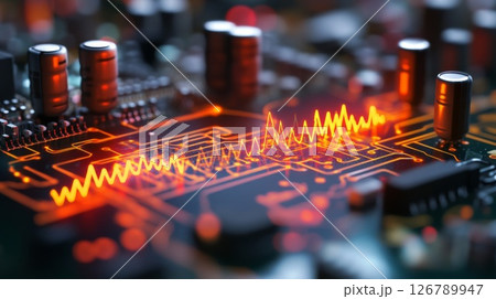 Close Up Of Glowing Circuit Board With Red And Orange Waves 126789947