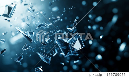 Shattered Glass Fragments Exploding in Dark Blue 126789953