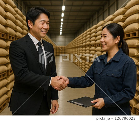 備蓄米倉庫で握手するビジネスパートナー 備蓄米倉庫で握手するビジネスパートナー 126790025