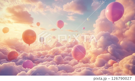 Pastel Balloons Floating Above Fluffy Pink Clouds Pastel Balloons Floating Above Fluffy Pink Clouds 126790027