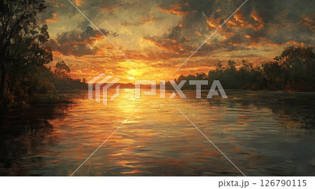 Vibrant Sunset over a Calm River Landscape 126790115