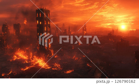 Fiery Cityscape at Sunset: Burning Buildings and Tower 126790162