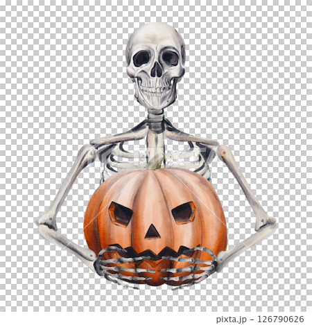 skeleton holding pumpkin. Jack's head. Halloween decor. Pumpkin seller. Realistic watercolor illustration isolated from background. Hand drawing. The skull smiles. High quality illustration skeleton holding pumpkin. Jack's head. Halloween decor. Pumpkin seller. Realistic watercolor illustration isolated from background. Hand drawing. The skull smiles. High quality illustration 126790626