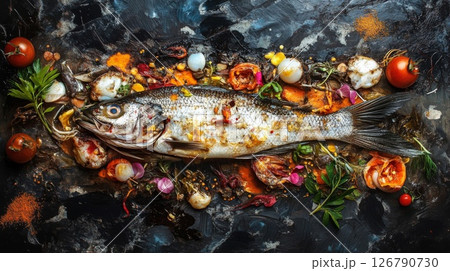 Roasted Fish with Herbs and Vegetables on Dark Background 126790730
