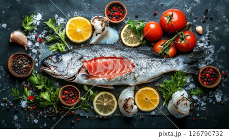Fresh Salmon with Lemon, Tomatoes, and Herbs 126790732
