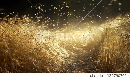 Golden Wheat Field with Swarm of Bees at Sunset 126790762