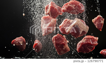 Raw Beef Cubes Falling Against Dark Background 126790771