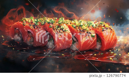 Seared Salmon Sushi Rolls with Spicy Flamed Garnish 126790774