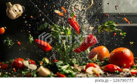 Red Peppers and Tomatoes Suspended in Air with Spices 126790777