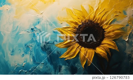 Yellow Sunflower on a Blue and White Textured Background Yellow Sunflower on a Blue and White Textured Background 126790783