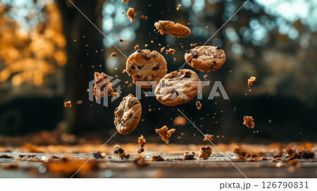 Chocolate Chip Cookies Falling Against Autumn Leaves 126790831