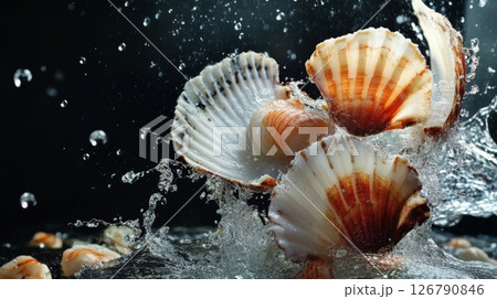 Scallops Splashing in Water, Dark Background 126790846