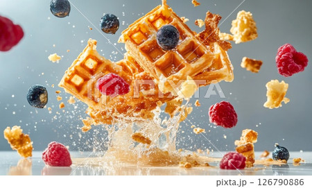 Golden Waffles with Raspberries and Blueberries in Air 126790886