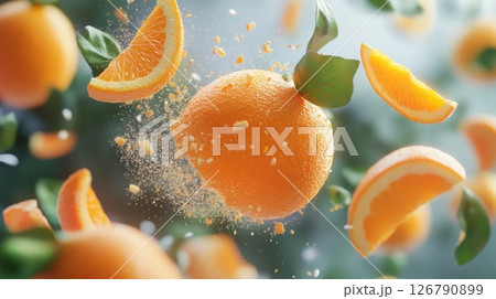 Flying Orange Slices and Whole Orange with Green Leaves 126790899