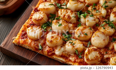 Seared Scallop Pizza on Wooden Board 126790943