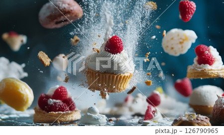 Flying Cupcake with Raspberries and Cream in Dark Blue Background 126790965