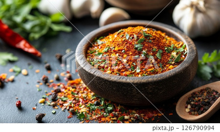 Red Orange Spice Blend in Wooden Bowl Red Orange Spice Blend in Wooden Bowl 126790994